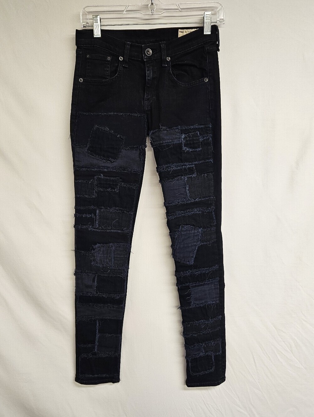 RAG & BONE Skinny Patch & Repair Jeans in Torn Coal(Navy w Black Overdye)Size 25